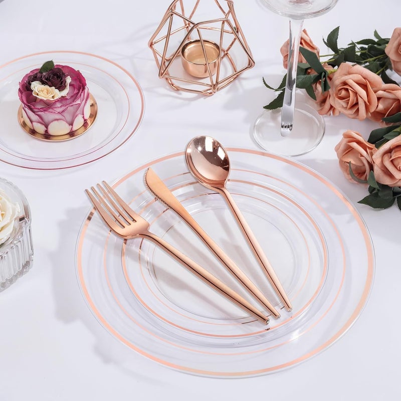 PULOTE 150PCS Rose Gold Plastic Silverware Set - Heavy Duty Rose Gold Utensils - Plastic Cutlery Disposable - Include 50 Forks, 50 Knives, 50 Spoons for Party & Wedding - Image 3